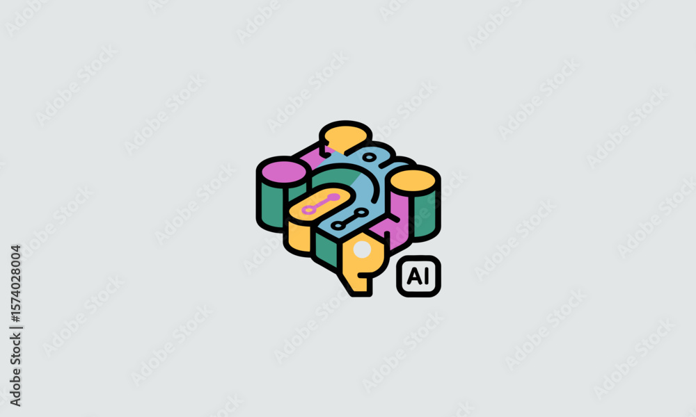 Poster abstract isometric artificial intelligence brain with data elements concept illustration