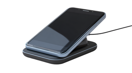 A smartphone resting on a wireless charging pad against a plain black studio background view from above