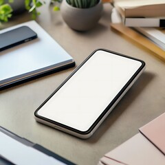 Blank phone screen with desk workspace.