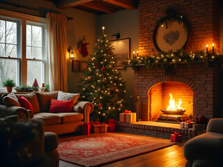 Warm inviting living room Christmas scene featuring a decorated Christmas tree glowing lights a cozy brown sofa red pillows and a brick fireplace with a burning fire festive