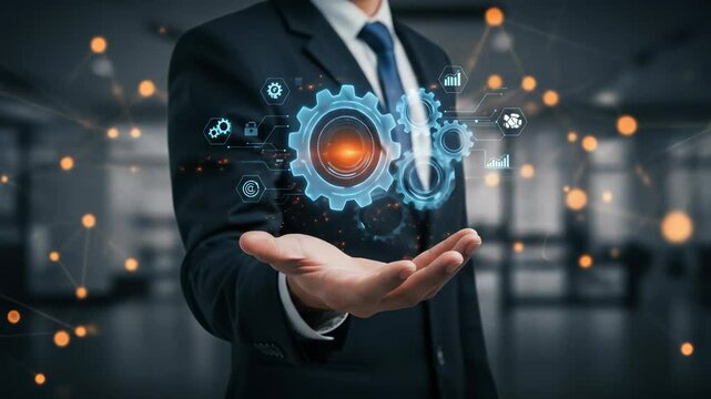 Professional man presents Digital Transformation: futuristic business technology and innovation, visualizing interconnected systems, data, and network process analytics through glowing gears.