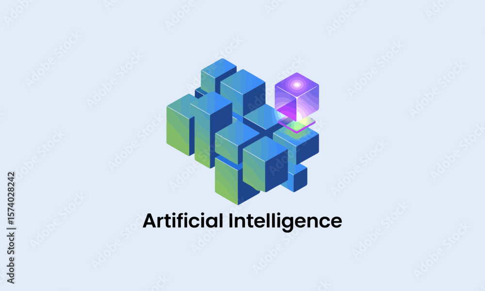 Poster artificial intelligence concept: abstract 3d cubes, data processing, and innovation in technology