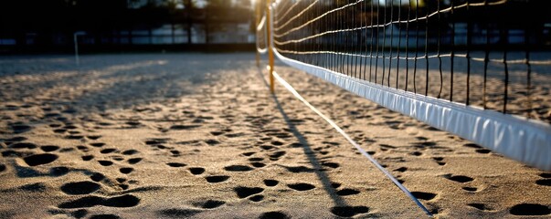 Summer vibes concept Beach volleyball court with a net and sandy surface illuminated by sunlight.
