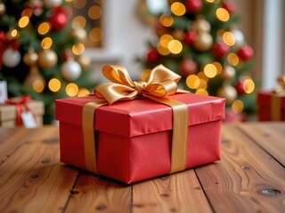Red gift box with golden ribbon on wooden table during Christmas  