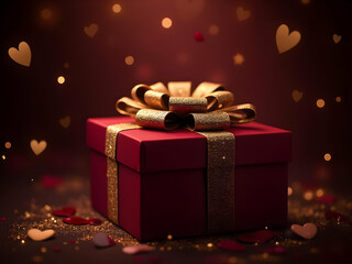 Rich Burgundy Gift Box with Gold Glitter Ribbon and Bow Surrounded by Scattered Hearts and Sparkles Romantic Valentine Theme