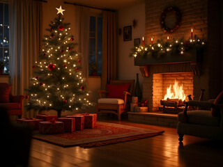 Warmly Lit Christmas Living Room with Decorated Tree Presents Fireplace and Cozy Furniture gifts
