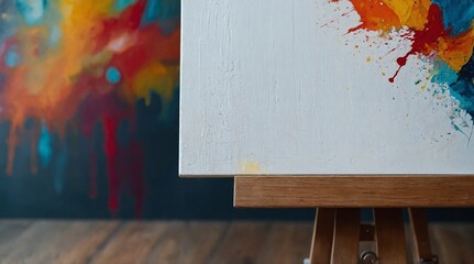 Close Up of Colorful Abstract Painting on Wooden Easel
