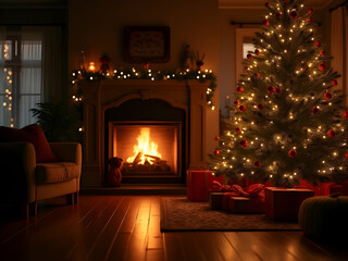 Warm Cozy Living Room Christmas Eve Scene Featuring a Lit Fireplace and Decorated Christmas Tree with Red Ornaments and Presents
