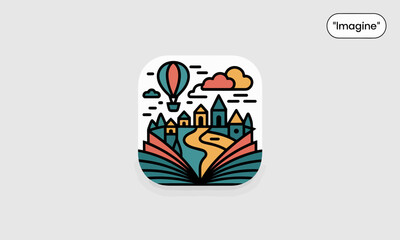 Fototapeta premium Fantasy Storybook Journey Icon: Open Book Revealing Magical Landscape with Castle and Hot Air Balloon
