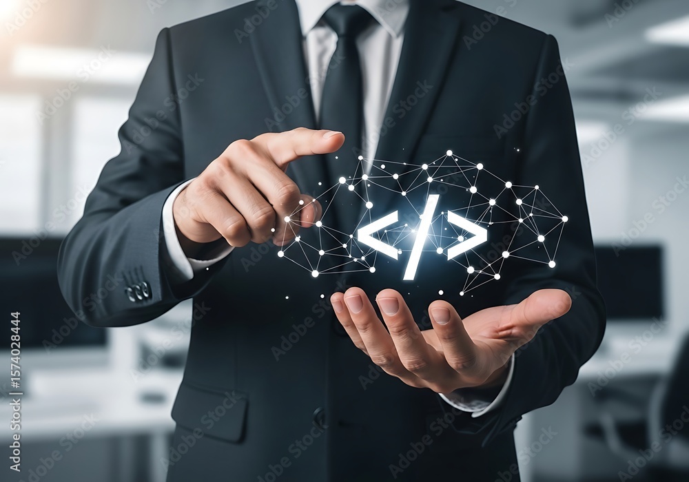 Poster professional businessman presenting a digital coding concept with abstract connections and glowing s