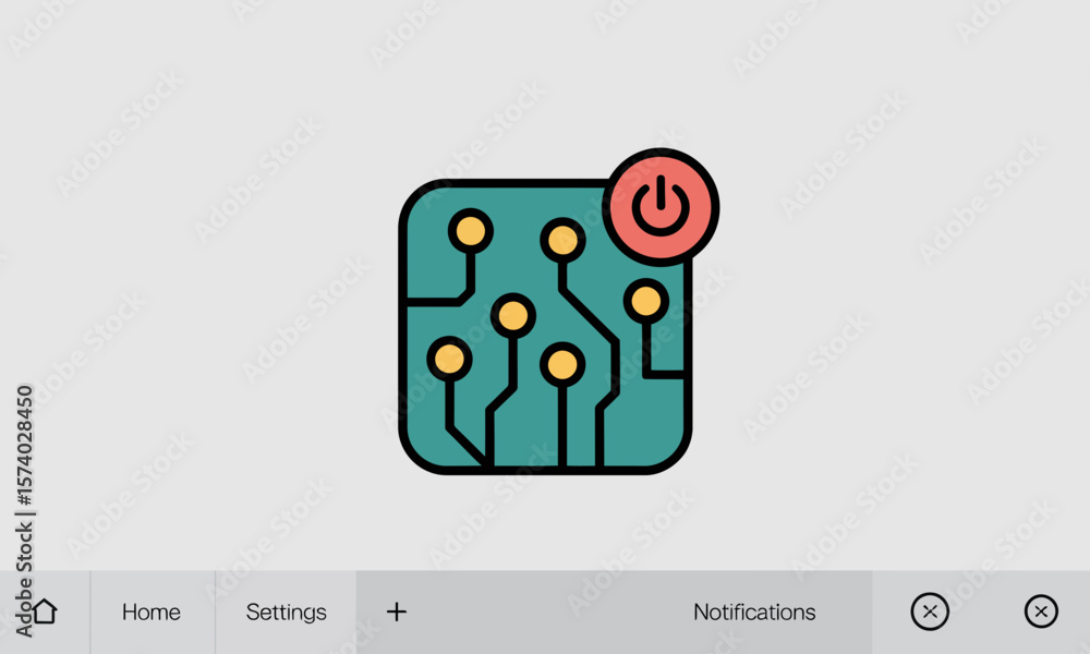 Poster digital circuit board with power off button icon representing system shutdown or control