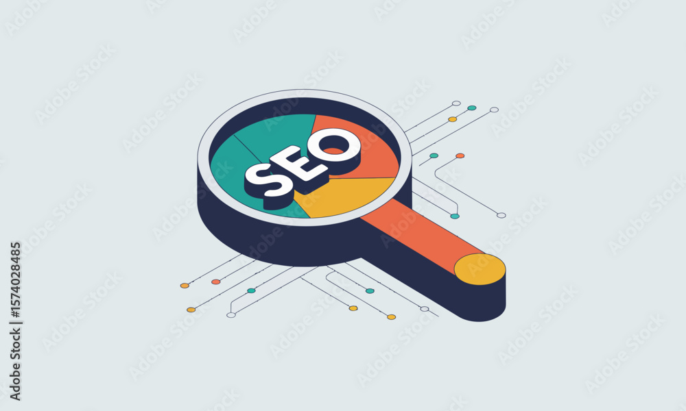 Poster seo search engine optimization concept with magnifying glass and data analysis in isometric style