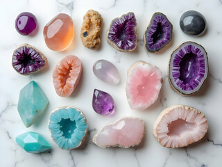 Top Down View of Assorted Semi Precious Geode and Crystal Specimens on White Marble Background Featuring Pink Purple Orange and Aqua Colors