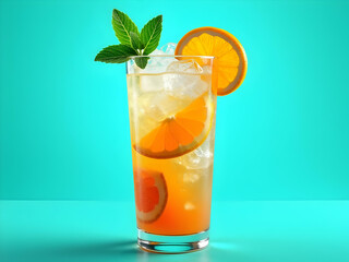 Refreshing Tropical Citrus Cocktail with Orange and Grapefruit Slices Ice Cubes and Mint Garnish in Tall Glass against Turquoise Background