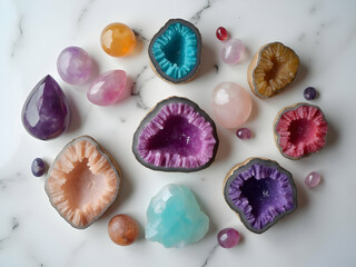 Top down view of assorted colorful semi precious gemstone geodes and tumbled stones arranged on a white marble surface including amethyst rose quartz and aquamarine