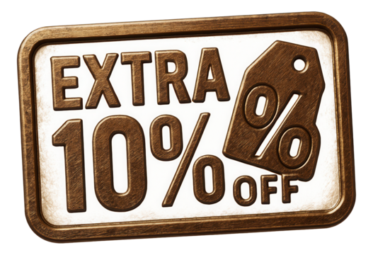 Bronze metallic tag with EXTRA 10% OFF in bold letters, striking retail discount promo on transparent background.