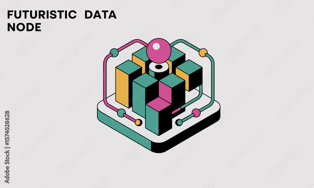 Poster Futuristic Data Node Connects Components in a Minimalist Style, showcasing technology integration with abstract design and isometric perspective.