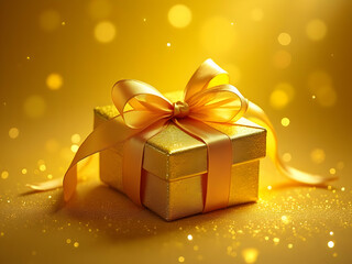 Gold Glitter Gift Box with Pale Gold Ribbon Bow on Golden Glitter Background Sparkling Festive Holiday Present