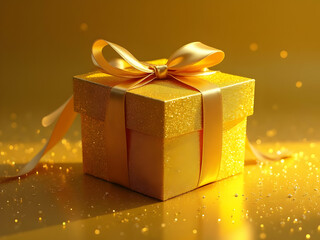 Gold Glitter Gift Box with Satin Ribbon Bow on Golden Sparkling Surface Festive Celebration Present Luxury Packaging