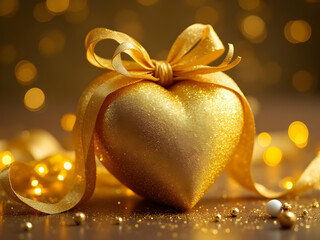 Gold Glitter Heart Shaped Gift Wrapped with Golden Ribbon and Bokeh Lights Festive Decoration image