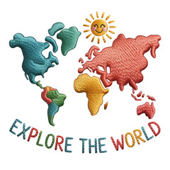 Whimsical embroidered world map with smiling sun embroidery