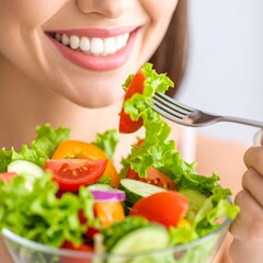 Close-up of a woman enjoying a colorful salad, with focus on her smiling mouth and forkful of fresh vegetables. A vibrant and healthy eating concept perfect for lifestyle, wellness, or nutrition theme