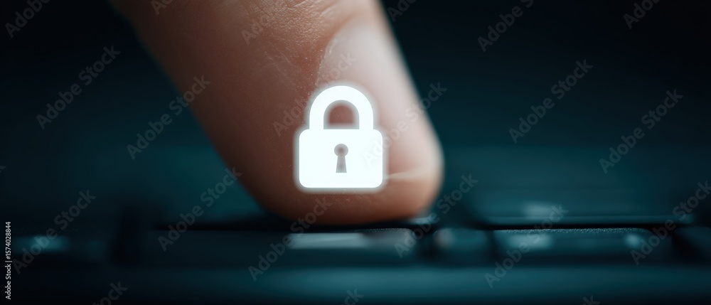 Poster digital security action finger on lock icon cyber space graphic dark environment close-up view conce