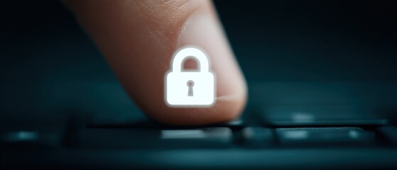 Digital security action finger on lock icon cyber space graphic dark environment close-up view concept of online safety