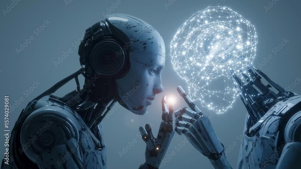 Poster two robots are touching each other's hands, one of which has a light on it. the scene is futuristic 