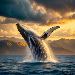 Fototapeta premium Majestic humpback whale breaches the ocean surface during a golden sunset