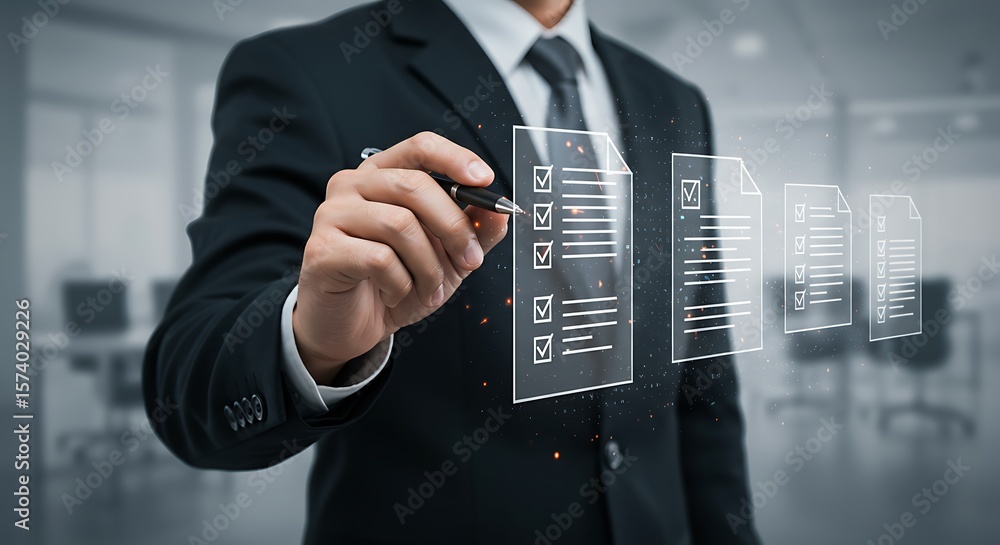 Poster business professional reviewing digital documents and checklists with modern technology for effectiv