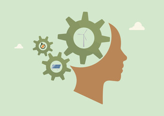 Human head profile with green gear mechanisms containing wind turbine, solar panel and hydraulic icons, representing sustainable energy thinking and innovation. Flat style. Vector illustration