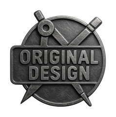 Metallic emblem with ORIGINAL DESIGN text in industrial style, distinctive promo sticker on transparent background.