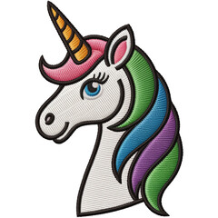 White unicorn head with colorful mane and horn embroidery