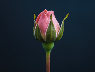 Fototapeta premium Delicate pink rosebud with dewdrops on its petals stands against dark background, highlighting its vibrant color and fresh appearance. close up captures intricate details of flower