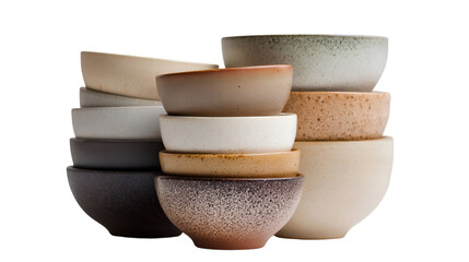 A stack of assorted ceramic bowls in neutral tones arranged against a dark background in a studio setting