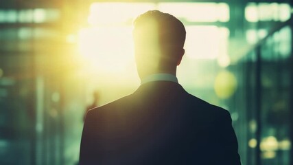 Man suit backlit sunlight office building glass walls modern business professional silhouette warm light inspiring atmosphere ambition indoors environment - Powered by Adobe