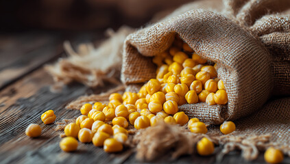 Rustic burlap sack filled with yellow soybeans on vintage wooden table under warm light in agricultural still life composition