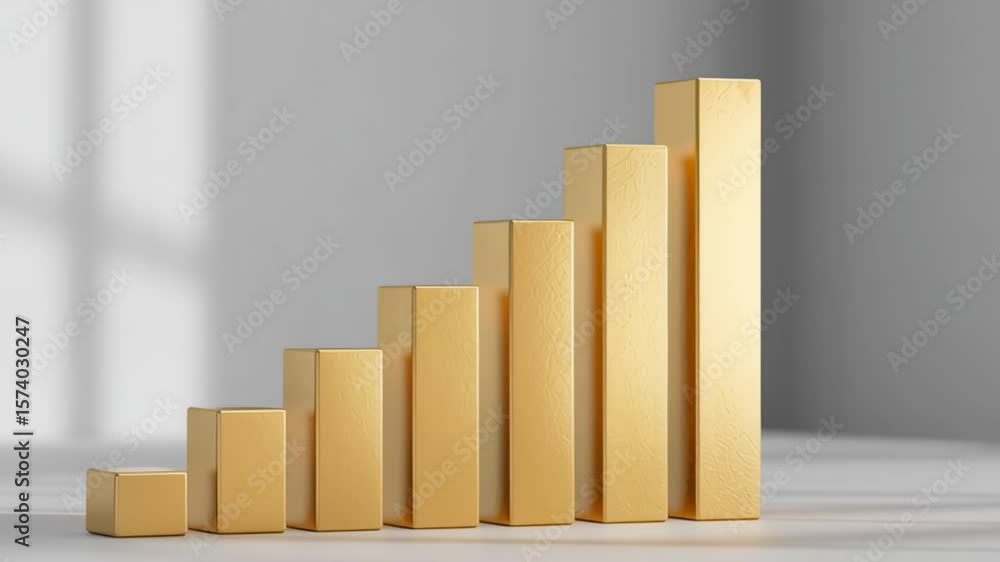 Poster golden bar graph demonstrating growth and success in a modern business environment with soft shadows