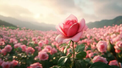 Pink rose flower garden morning dew bloom petal plant nature sunrise soft sunlight mountain background peaceful romantic outdoor beauty fresh dew drops - Powered by Adobe