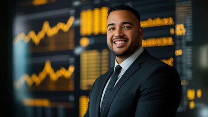 Smiling businessman in suit confidently standing with stock market charts financial data and technology glowing background showing professional success positive energy business trading environment - Powered by Adobe