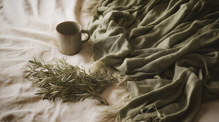 A cozy scene featuring a green blanket, a ceramic cup, and an olive branch on a soft, light-colored surface. Ideal for relaxation and comfort themes.