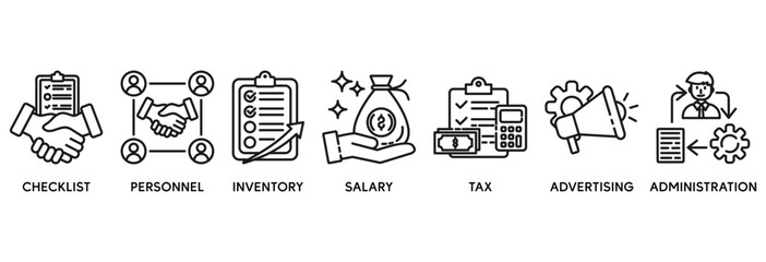 Cost reduction icon set vector illustration concept relate to checklist, personnel, inventory, salary, tax, advertising and administration