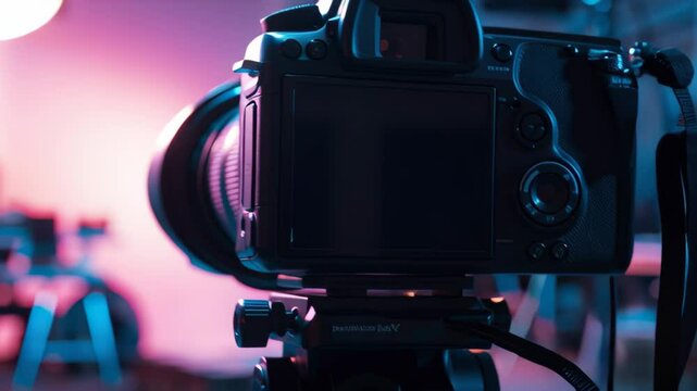 Professional camera setup in modern studio with vibrant lights and focus on photography equipment