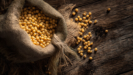 Rustic burlap sack filled with yellow soybeans on vintage wooden table under warm light in agricultural still life composition