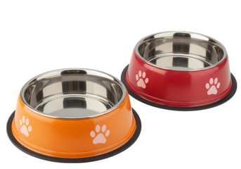 Two Pet Food Bowls Orange and Red with Paw Prints isolated on transparent background