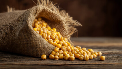 Rustic burlap sack filled with yellow soybeans on vintage wooden table under warm light in agricultural still life composition