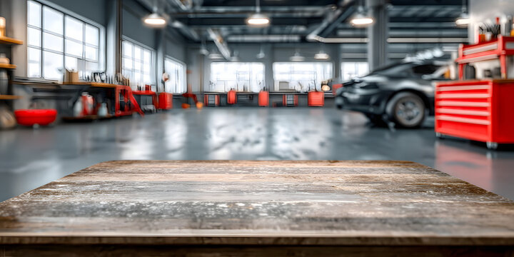 auto car repair service tabletop for product display, blank table top showcase for mechanic tool exposition, vehicle repair shop background with copy space and empty surface