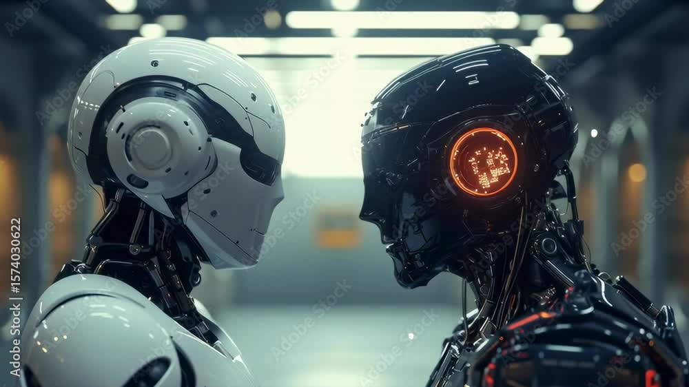 Poster two robots are facing each other in a room. one is white and the other is black. the white robot has