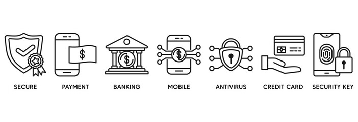 Secure payment icon set vector illustration concept relate to secure, payment, banking, mobile, antivirus, credit card and security key